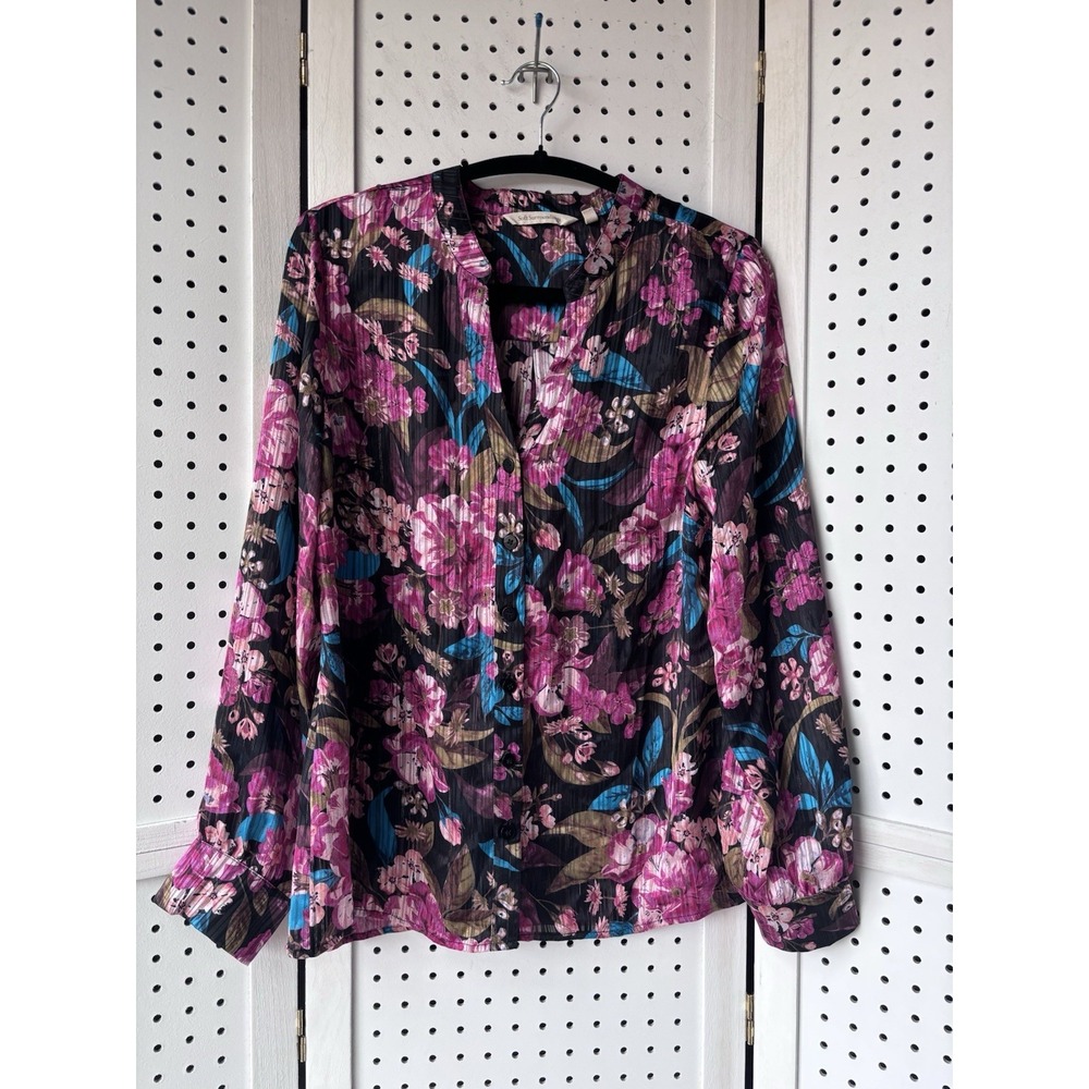 Soft Surroundings Sheer Blouse Long SLV‎ Women's S Floral Button Down Colorful